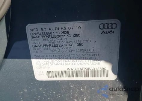 2011 Audi Q5 3.2 Premium Plus from USA, damaged, VIN WA1DKAFP0BA012890